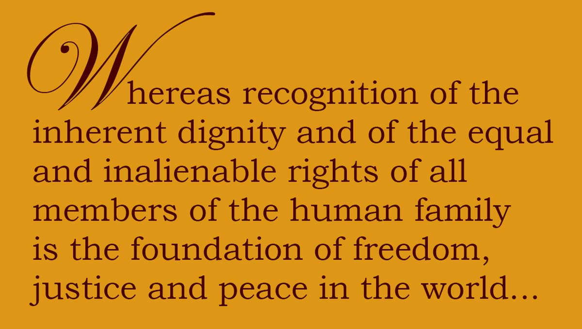 Quote: Whereas recognition of the inherent dignity and of the equal and inalienable rights of all members of the human family is the foundation of freedom, justice and peace in the world