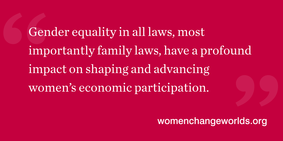Quote from the article: Gender equality in all laws, most importantly family laws, have a profound impact on shaping and advancing women’s economic participation. 