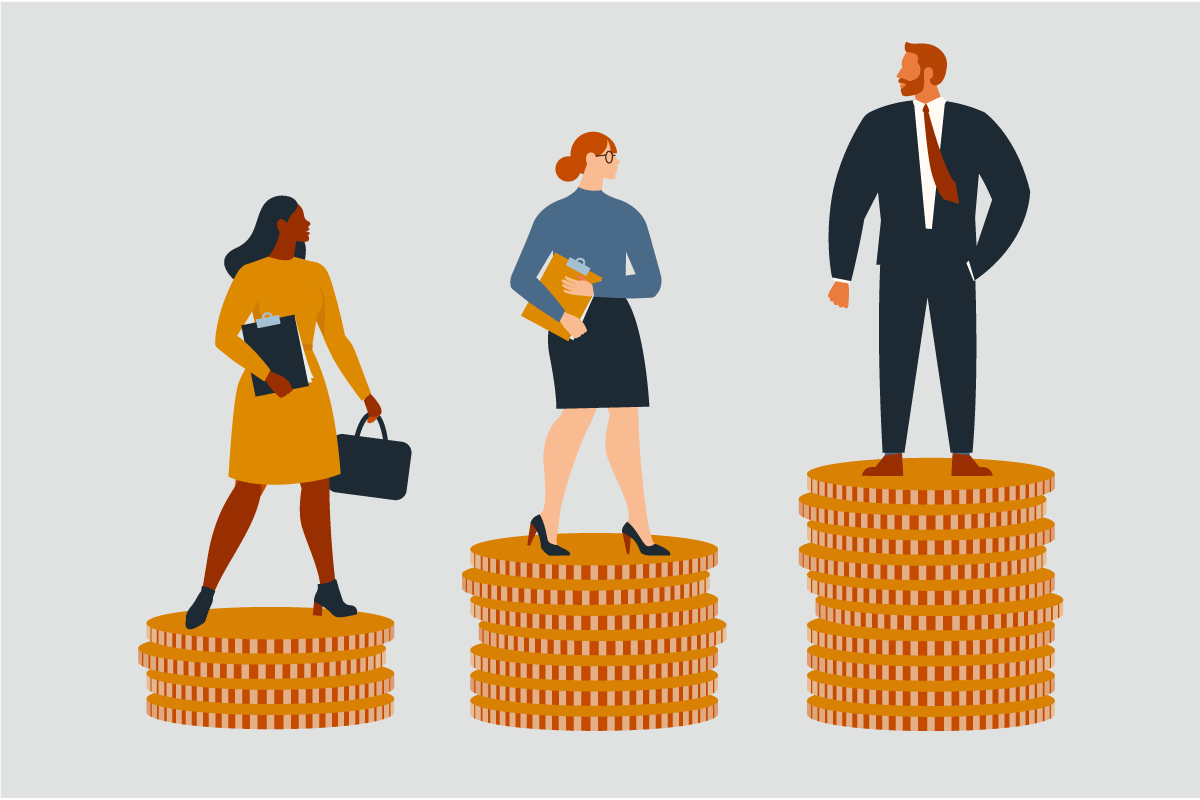 Illustration of three people standing on three stacks of coins to represent the gender pay gap. A white man stands on the tallest stack of coins. A white woman stands on the second tallest stack of coins. A Black woman stands on the lowest stack of coins. 