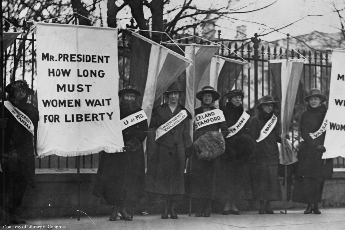 Women suffrage picket line, courtesy of Library of Congress