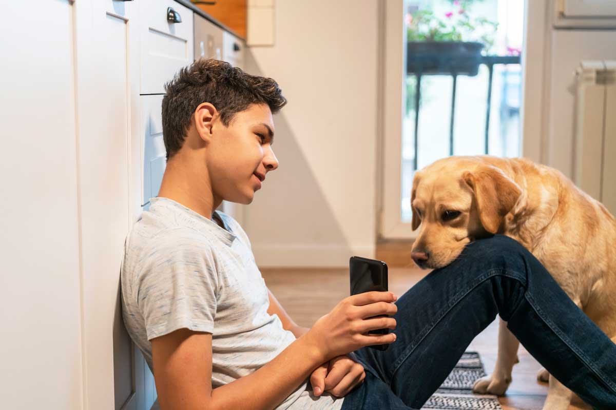 teen boy with dog and phone