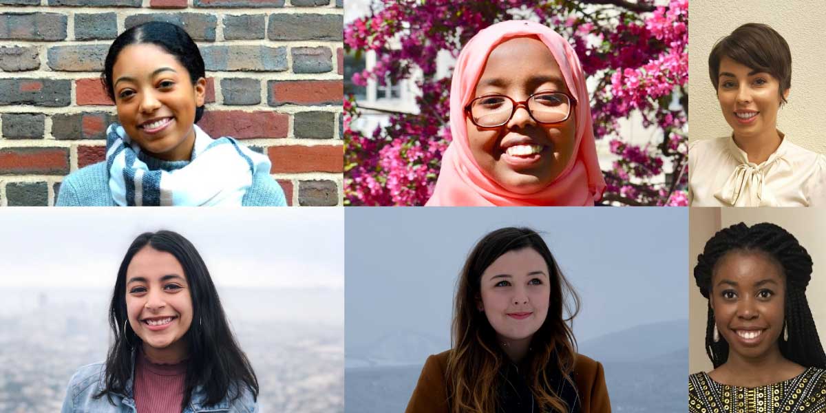 Headshot photos of the student interns who will work at WCW in 2018-19. Row 1, from left to right: Nurah Ali, Shukri Ali, Ashley Anderson; Row 2, from left to right: Anmol Nagar, Kathryn Pundyk, Olaide Sode