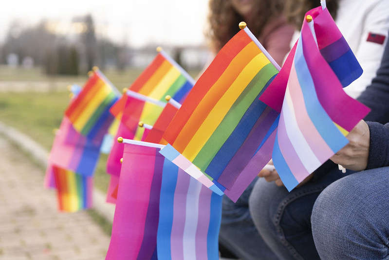Teens holding LGBT and trans pride flags