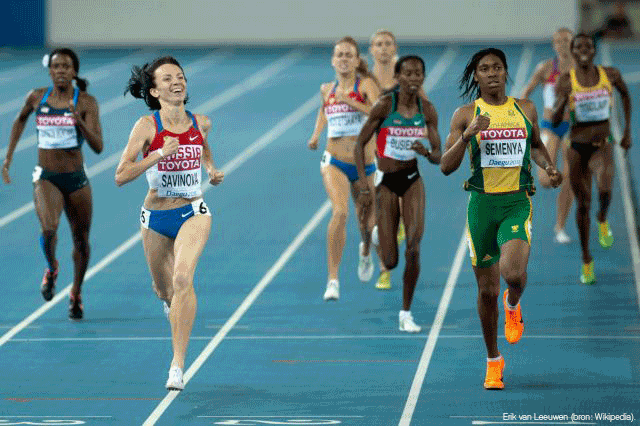Caster Semenya and other female runners compete at a track meet.