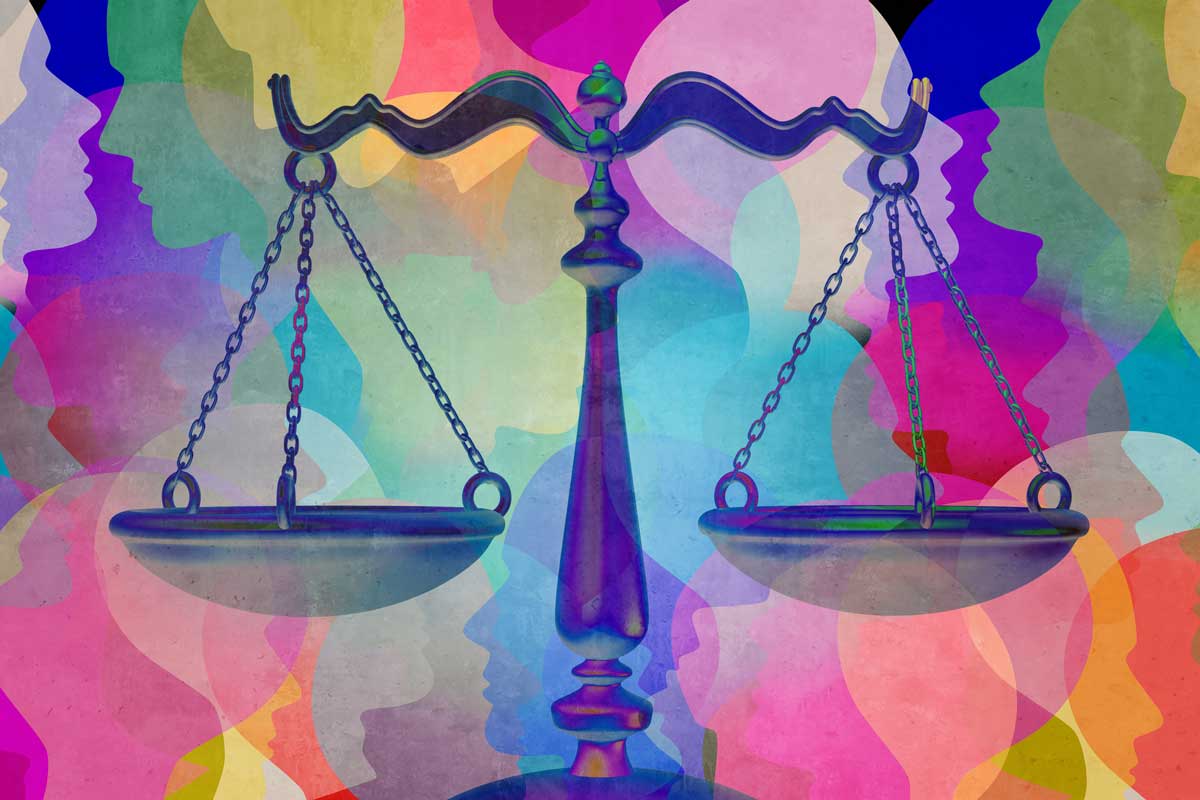 Illustration of scales of justice against an abstract rainbow-colored background