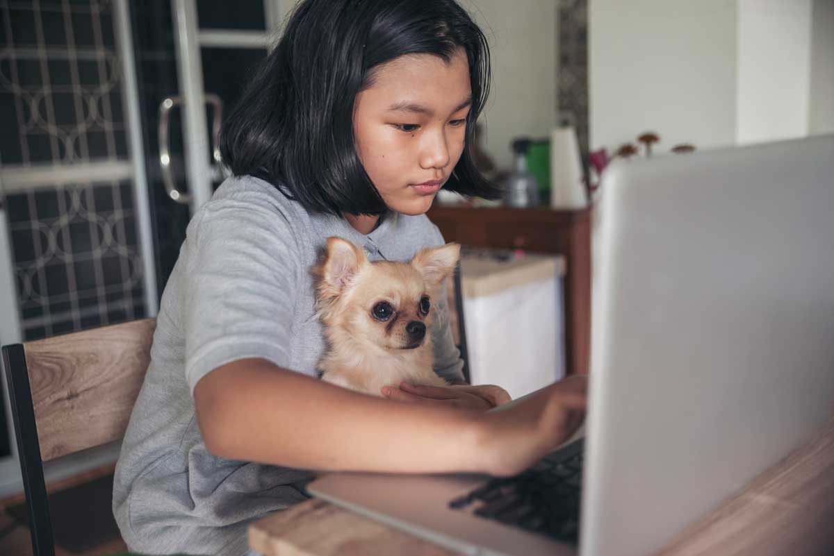 middle school age girl uses laptop while holding pet dog