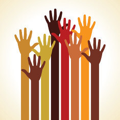 Illustration of raised hands of many colours