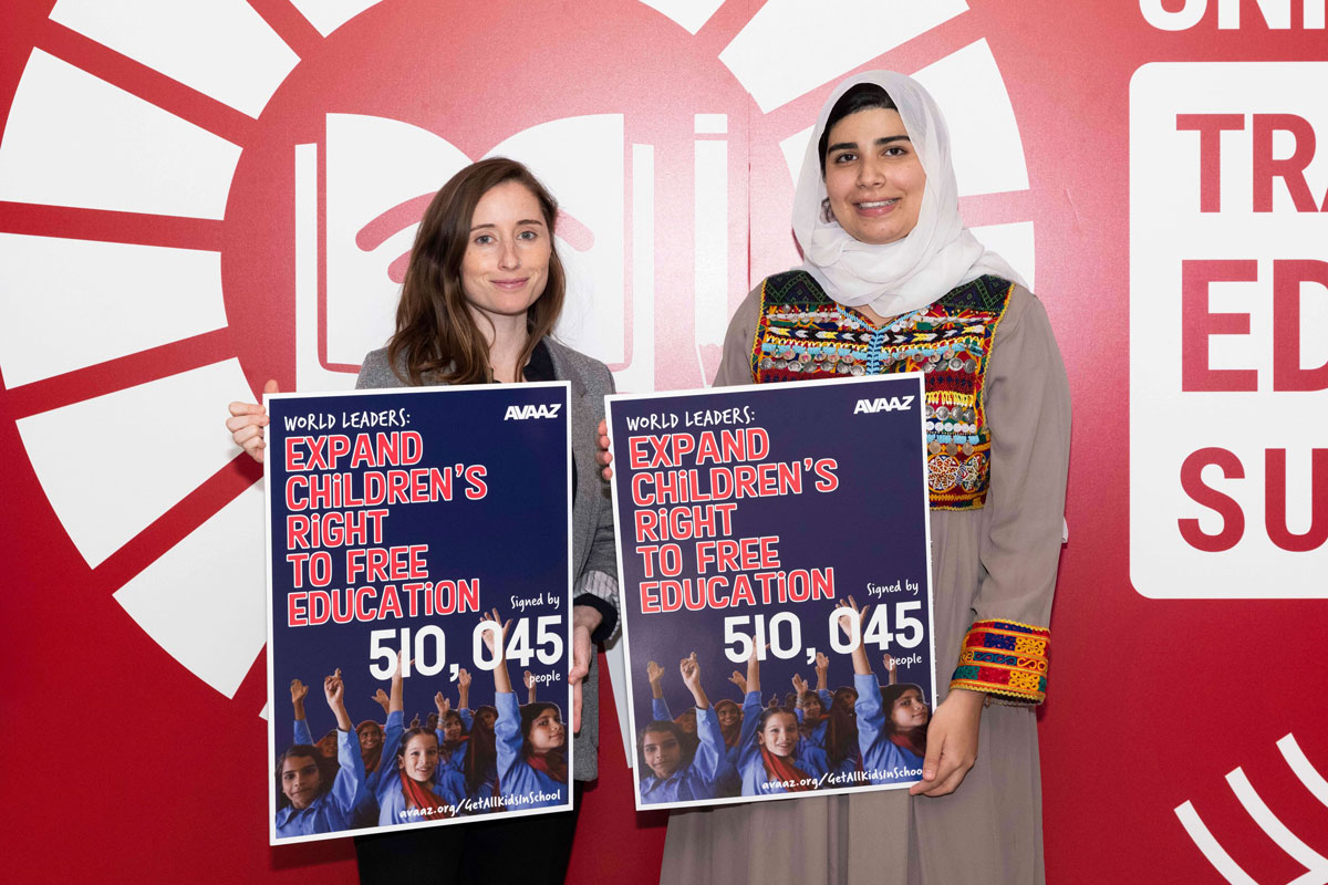 Avaaz Campaign Director Sarah Morrison (L) and Pashtana Durrani (R) urge world leaders at the UN “Transforming Education Summit” to back a new global treaty