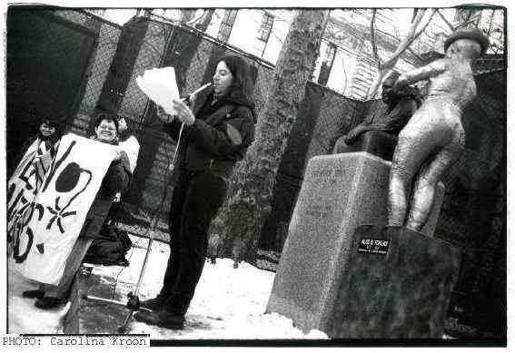 2 Sarah Shulman a founder of Lesbian Avengers at a 1993 lesbian visibility action installing a statue of Alice Toklas in Manhattan